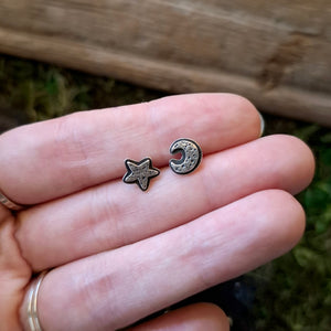 Silver Moon & Star Stud Earrings