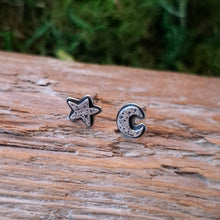 Load image into Gallery viewer, Silver Moon &amp; Star Stud Earrings
