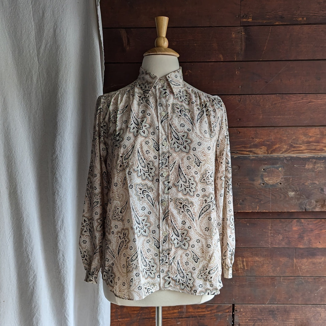 90s Vintage Tan Paisley Poly Blouse