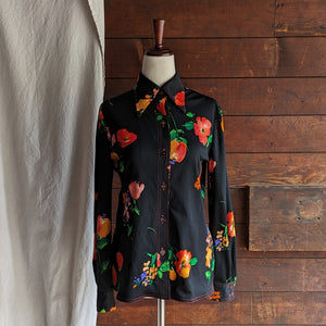 70s Vintage Black Floral Polyester Shirt