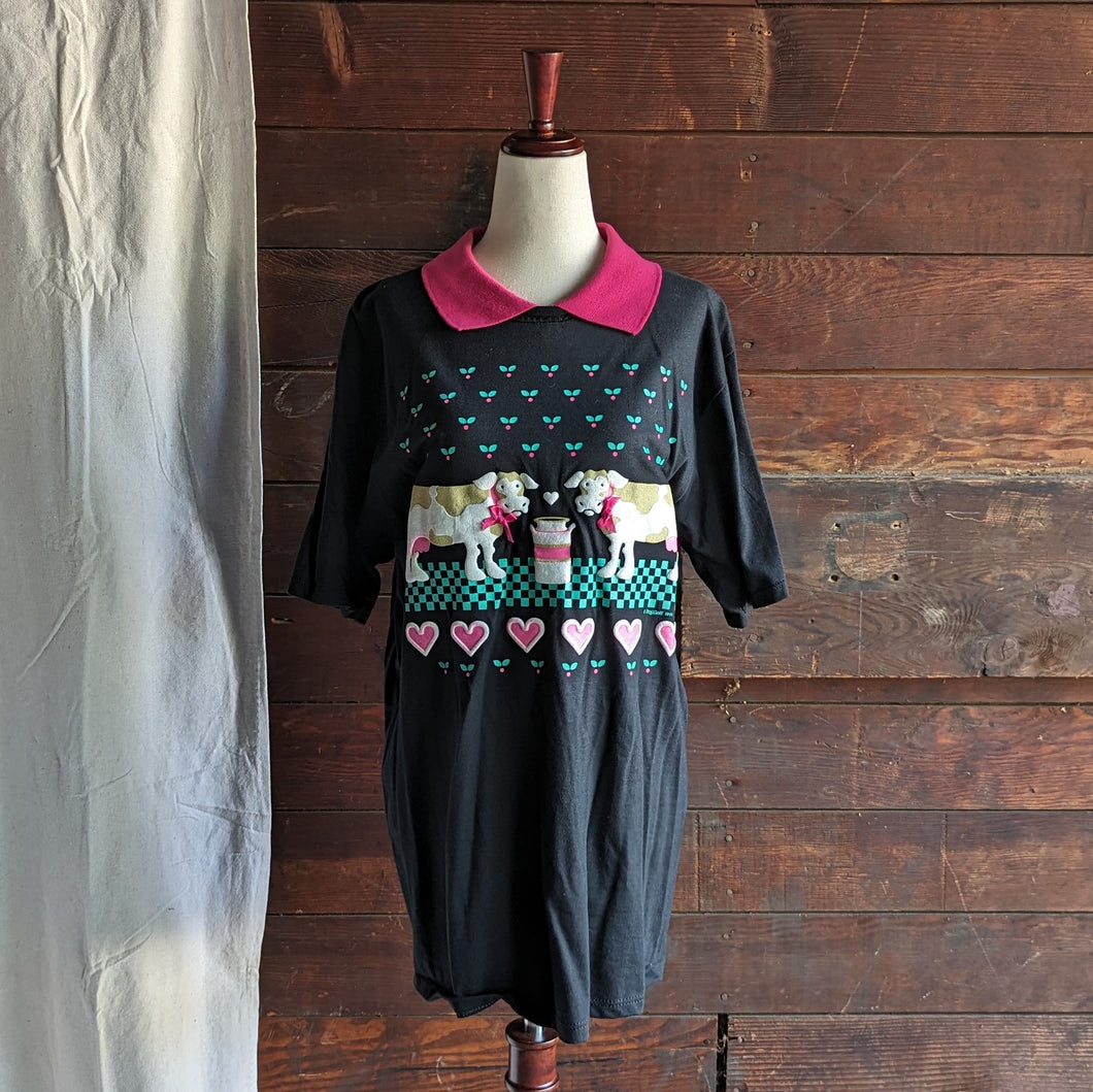 80s Vintage Collared Cow Print Tee