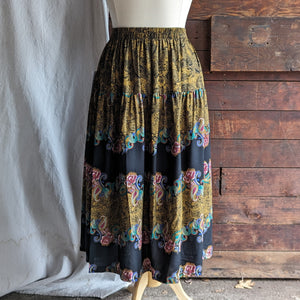 90s Vintage Gold and Floral Rayon Maxi Skirt