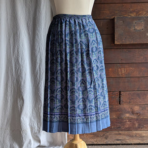 90s Vintage Blue Paisley Poly Midi Skirt