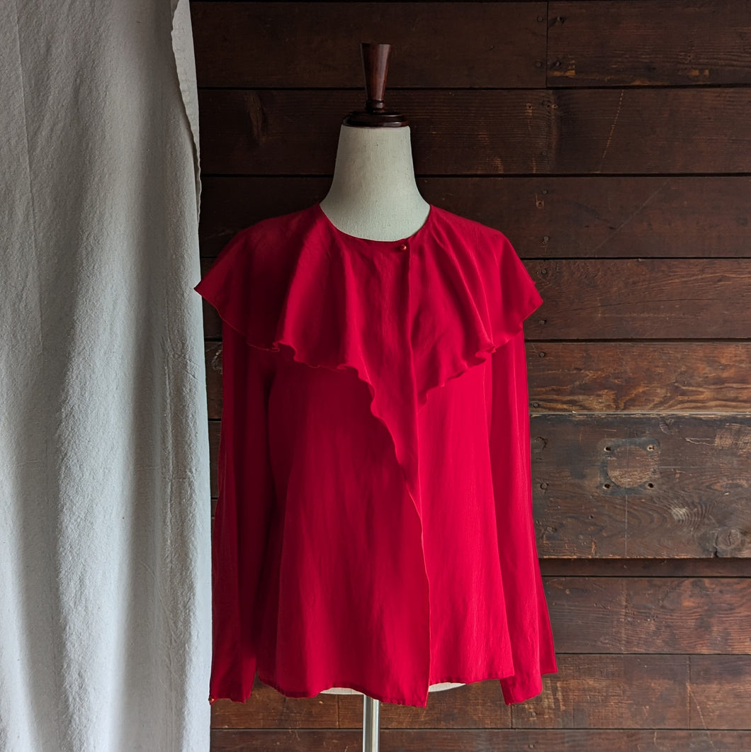 80s Vintage Red Ruffled Silk Blouse