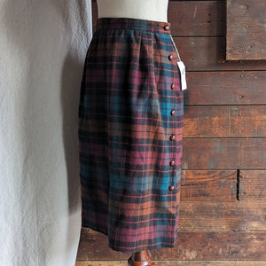 80s Vintage Fall Plaid Wool Midi Skirt