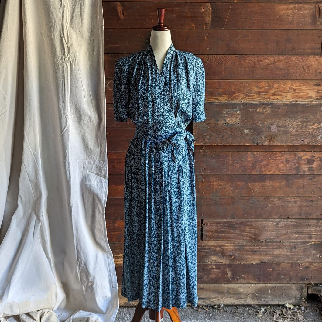 90s Vintage Green Floral Rayon Wrap Front Dress