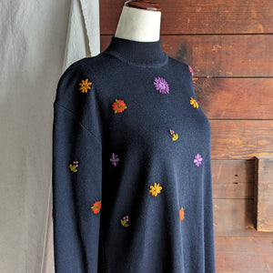 90s Vintage Embroidered Black Wool Sweater Dress