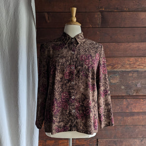 90s/Y2K Plus Size Brown Floral Polyester Blouse