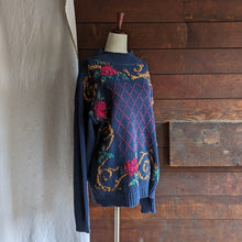Load image into Gallery viewer, 90s Vintage Rose Embroidered Blue Sweater
