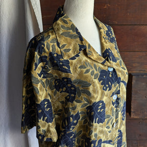 Brown and Blue Leaf Print Silk Blouse