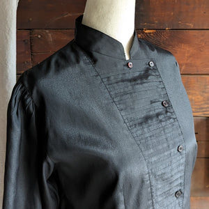 80s Vintage Black Pleated Polyester Blouse