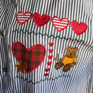 90s/Y2K Embroidered Hearts and Bears Blouse