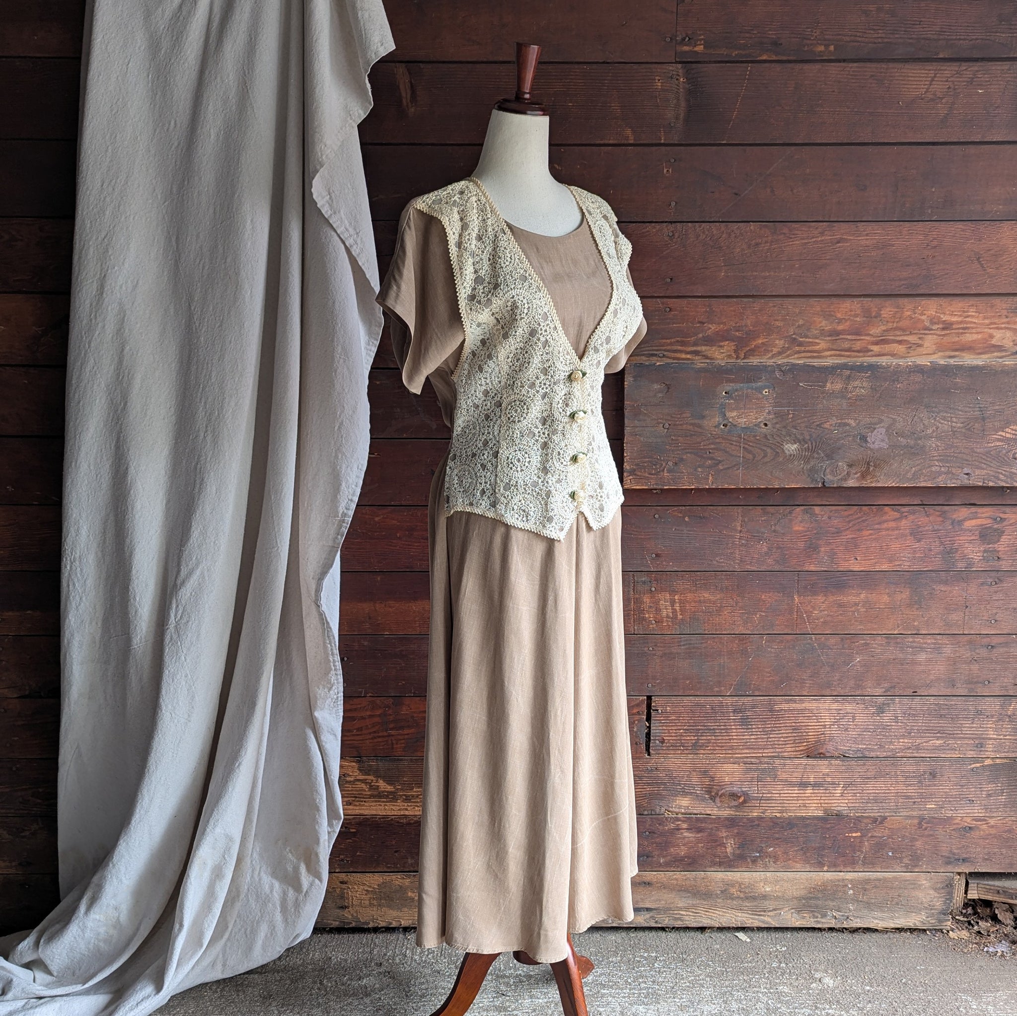90s Vintage Tan Layered Dress With Attached Lace Vest Forager Vintage 90s Vintage Tan Layered Dress With Attached Lace Vest Forager Vintage