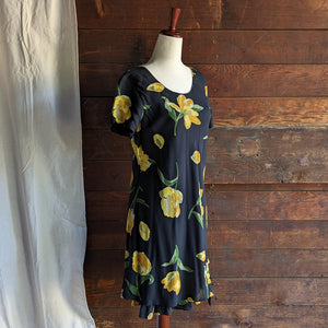 80s/90s Vintage Black and Yellow Floral Rayon Mini Dress