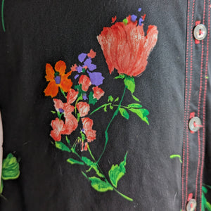 70s Vintage Black Floral Polyester Shirt