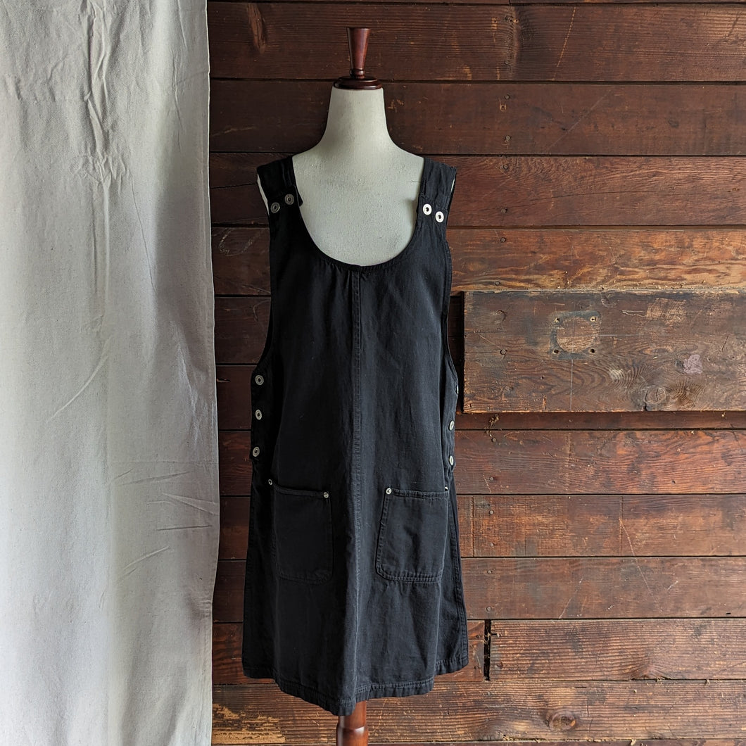 90s Vintage Black Twill Overall-Style Jumper Dress