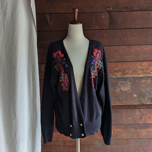 90s Vintage Black Embroidered Cotton Cardigan