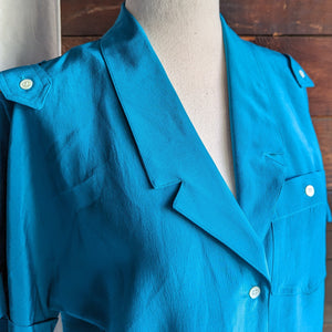 80s Vintage Blue Silk Button Up Shirt