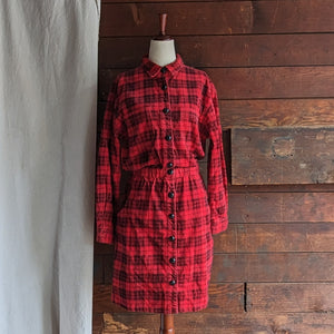 90s Vintage Red Plaid Corduroy Shirtdress