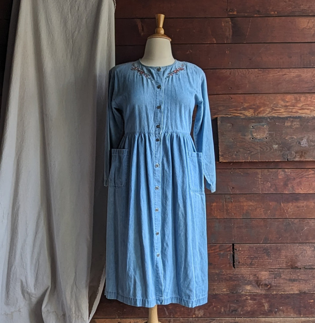90s Vintage Embroidered Denim Dress