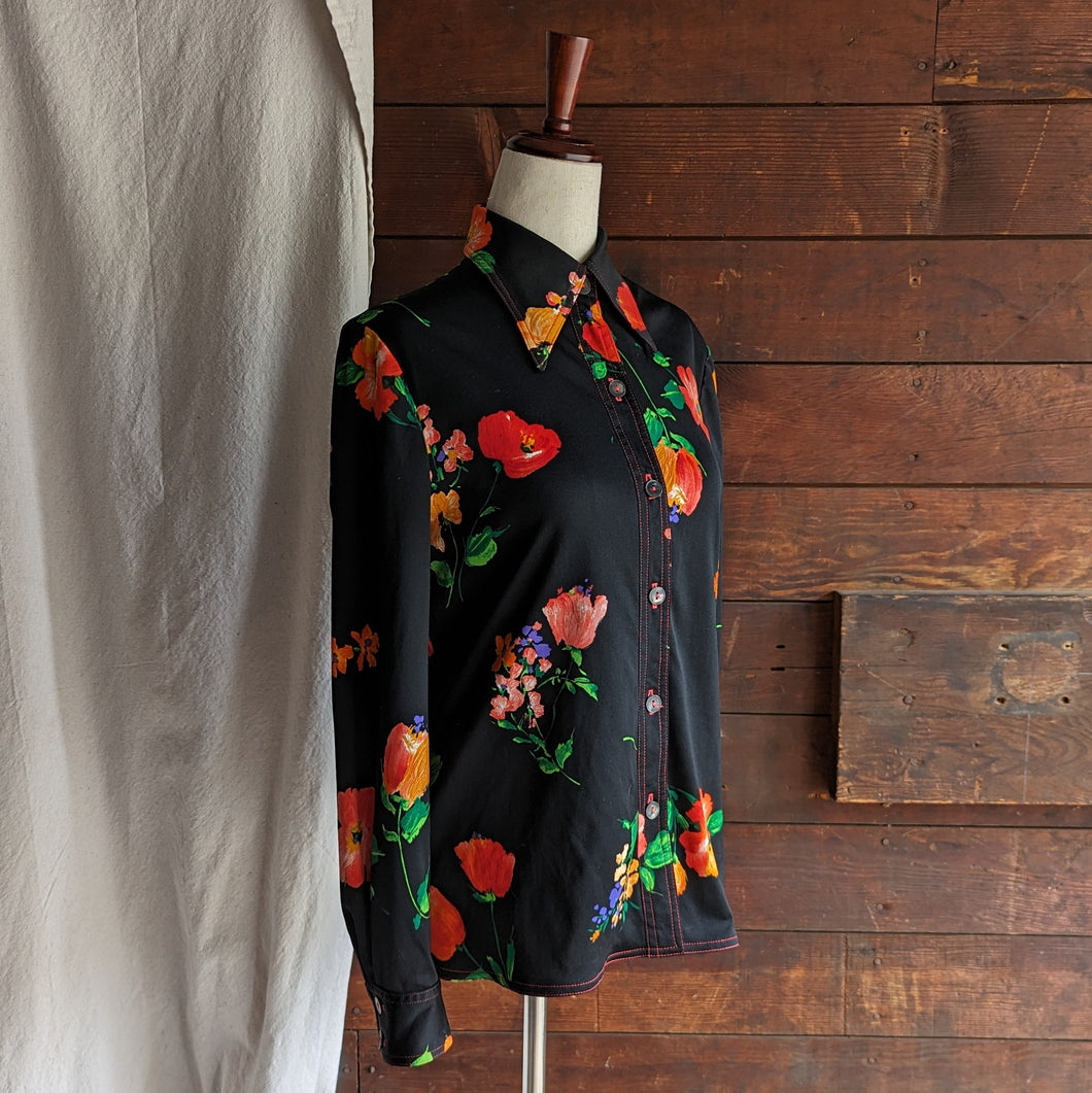 70s Vintage Black Floral Polyester Shirt