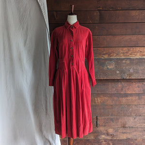 80s/90s Vintage Red Corduroy Shirtdress with Pockets