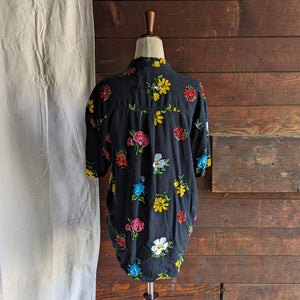 90s Rayon Black Floral Top & Shorts Set