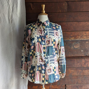 90s Vintage Silk Patchwork Style Button-Up Blouse