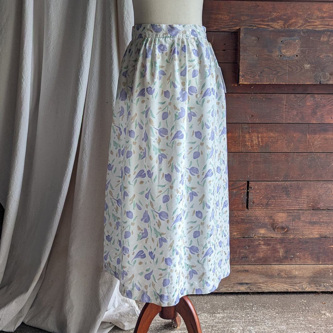 80s Vintage Flowy White Floral Maxi Skirt