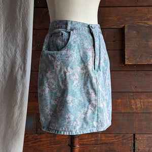 90s Vintage Pale Floral Denim Mini Skirt