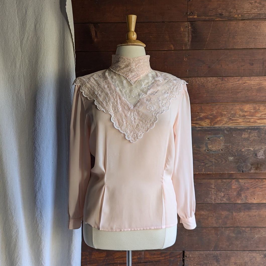 90s Vintage Pale Pink Polyester Lace Blouse