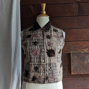 90s Vintage Leaf Embroidered Brown Wool Blend Vest