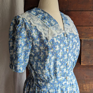 90s Vintage Blue Floral Midi Dress