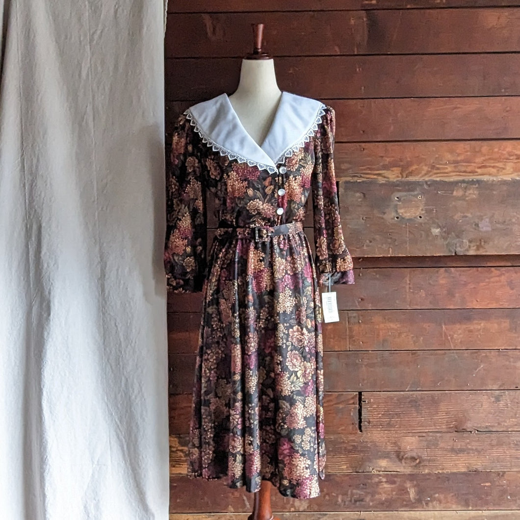 90s Vintage Dark Floral Polyester Midi Dress