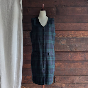 90s Vintage Dark Tartan Wool Blend Midi Dress