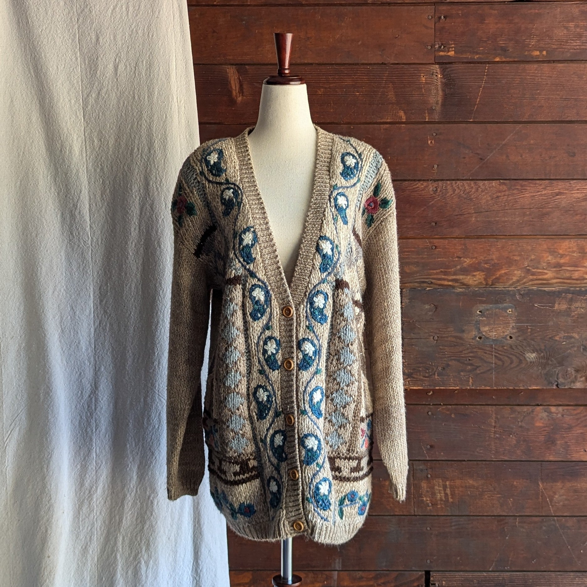 Vintage Oatmeal Brown Embroidered Chunky Cardigan Forager Vintage