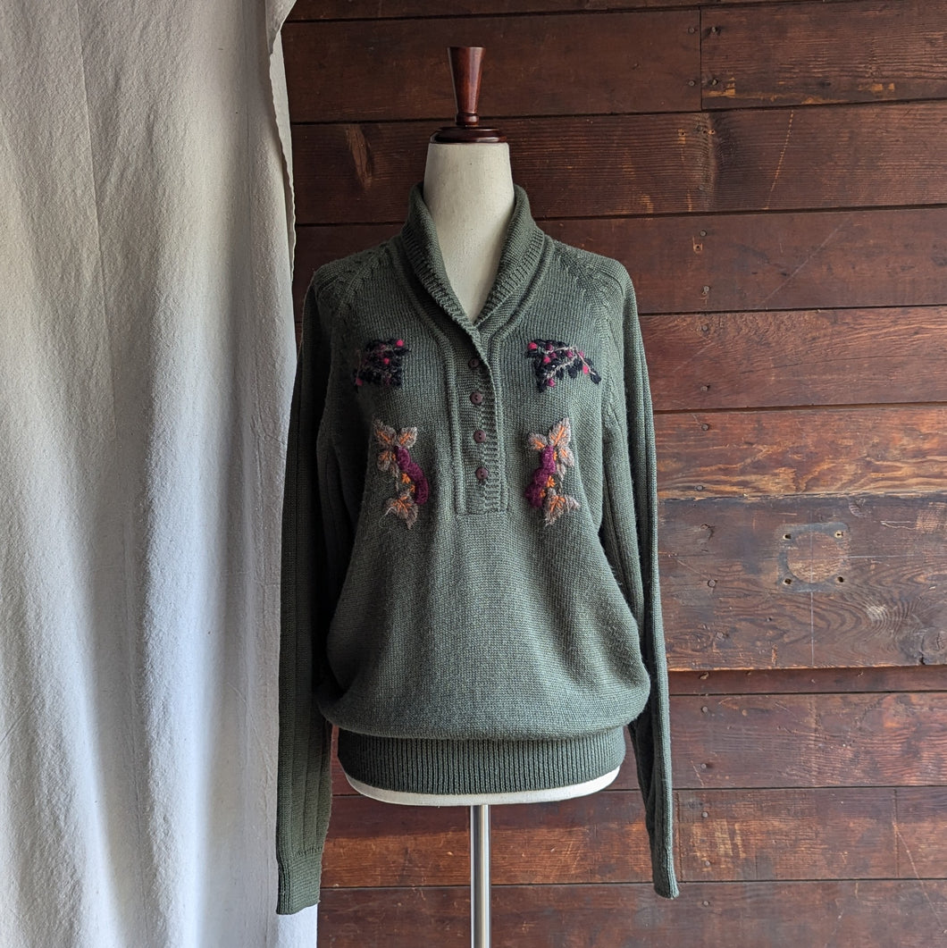 80s/90s Vintage Embroidered Olive Green Sweater