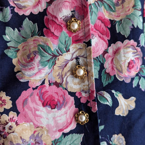 90s Vintage Navy Floral Cotton Blend Mini Dress