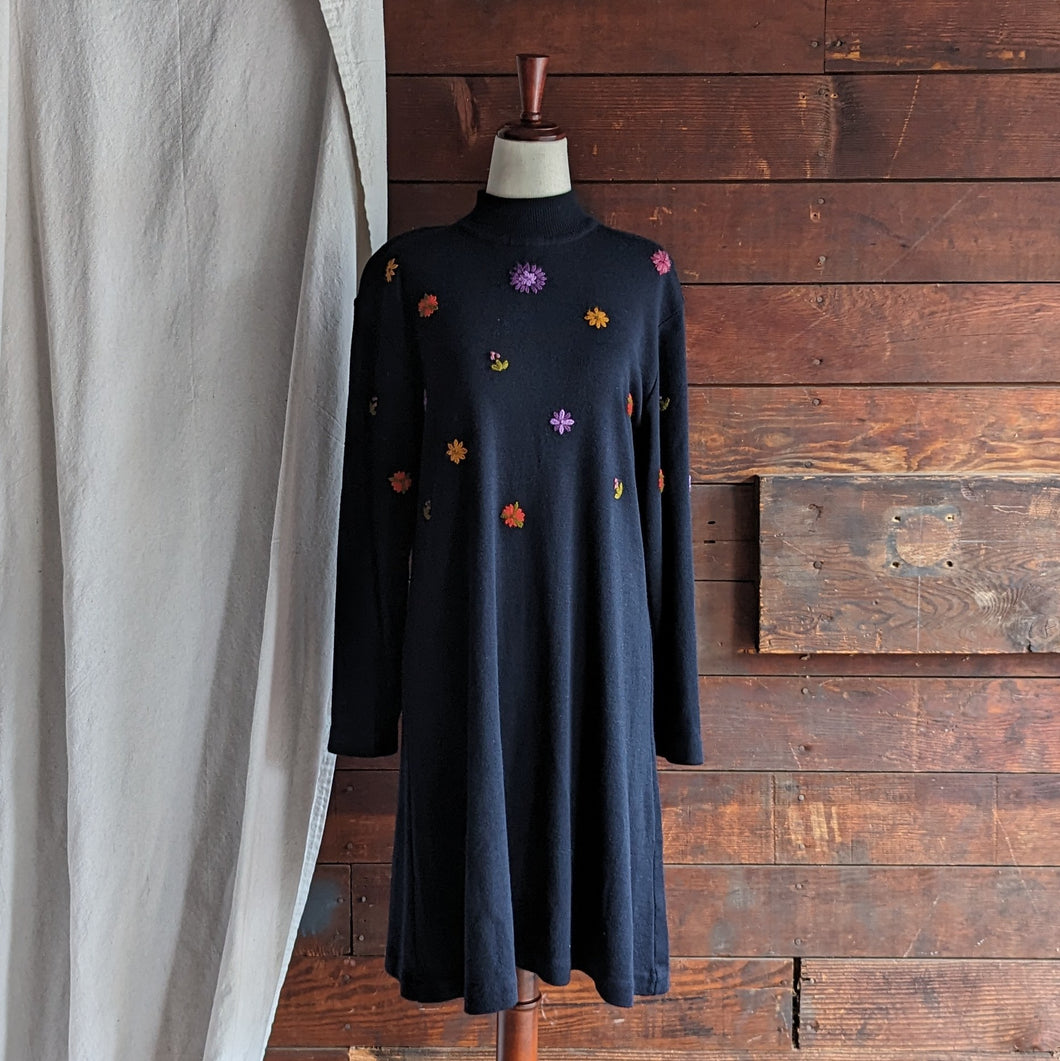 90s Vintage Embroidered Black Wool Sweater Dress