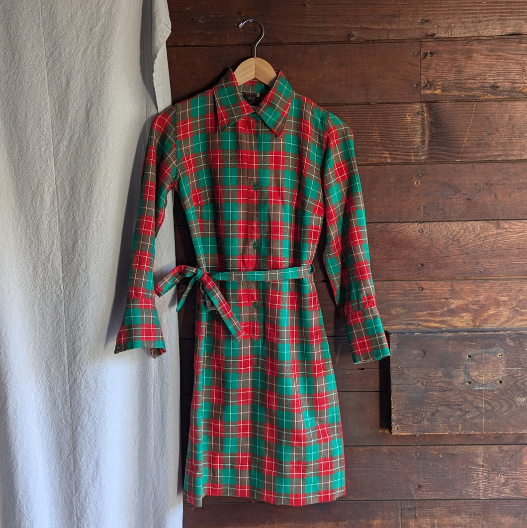 60s Vintage Red and Green Plaid Wool Mini Dress