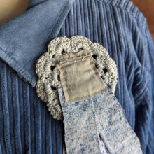 Load image into Gallery viewer, Upcycled Denim and Lace &#39;Blue Ribbon&#39; Fly Pin
