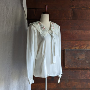 90s Vintage Semi-Sheer Blouse with Floral Lace Collar