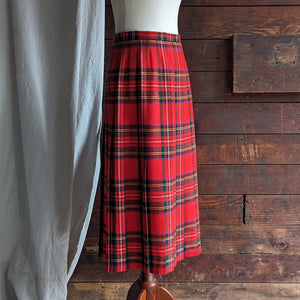 80s Vintage Red Plaid Wool Midi Skirt
