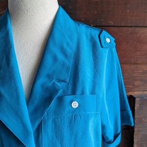 80s Vintage Blue Silk Button Up Shirt
