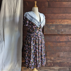 80s/90s Vintage Floral Rayon Midi Dress with Lace Collar