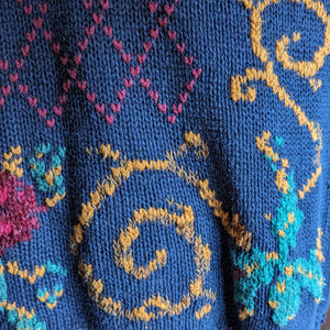 90s Vintage Rose Embroidered Blue Sweater