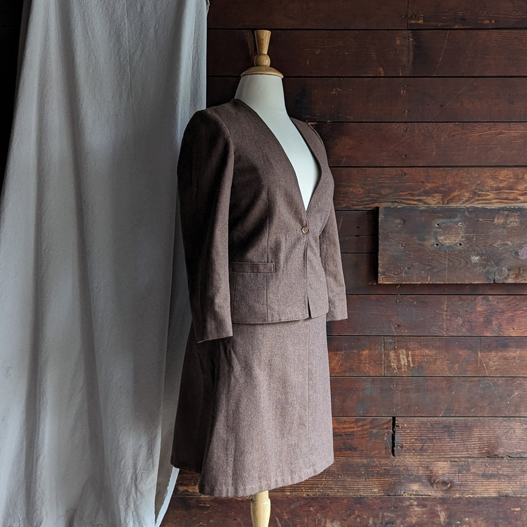 80s Vintage Brown Wool Jacket and Skirt Set