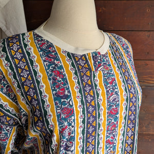 90s Vintage Plus Size Yellow Stripe Pattern Henley Shirt