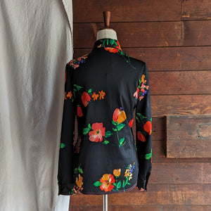 70s Vintage Black Floral Polyester Shirt