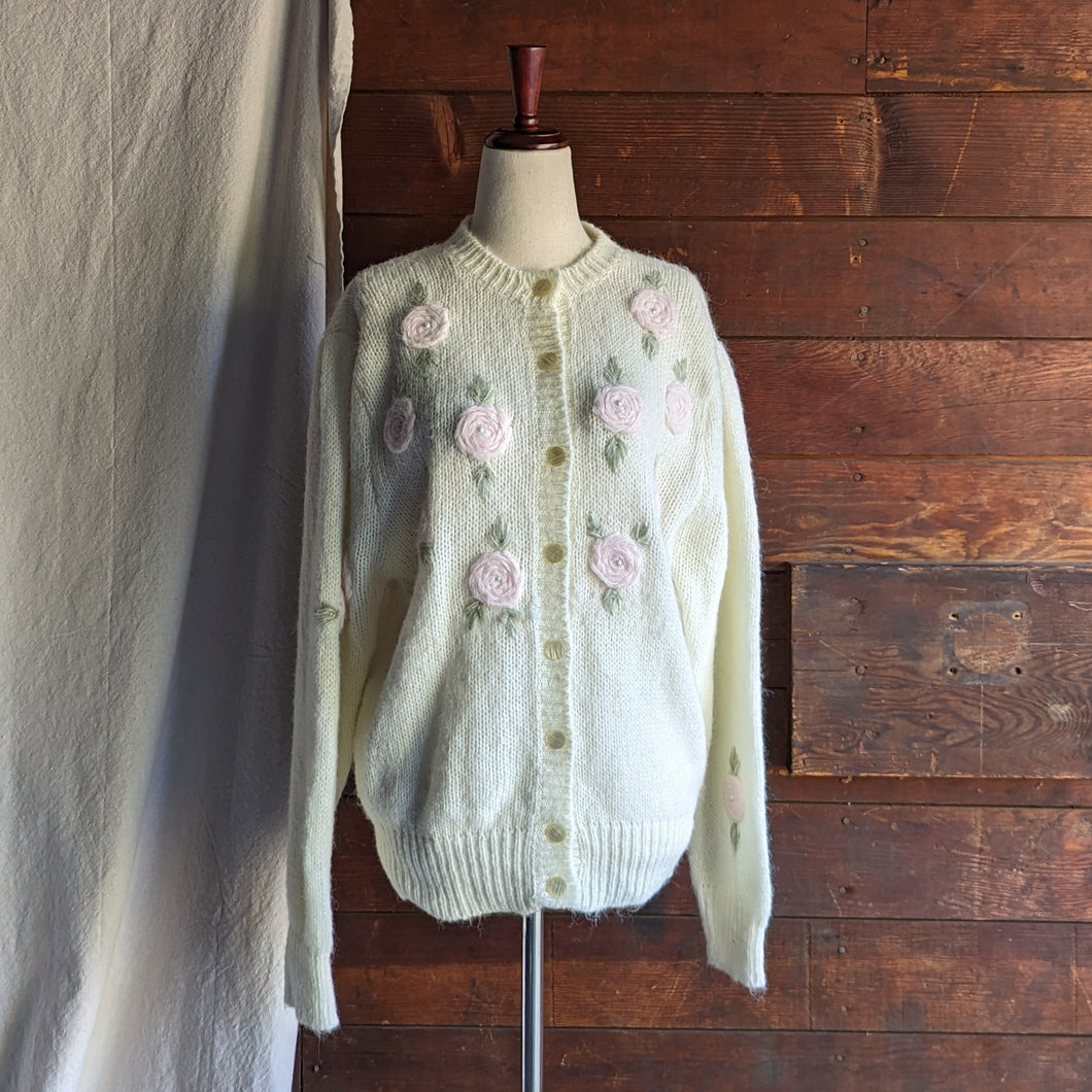90s Vintage Rose Embroidered White Cardigan